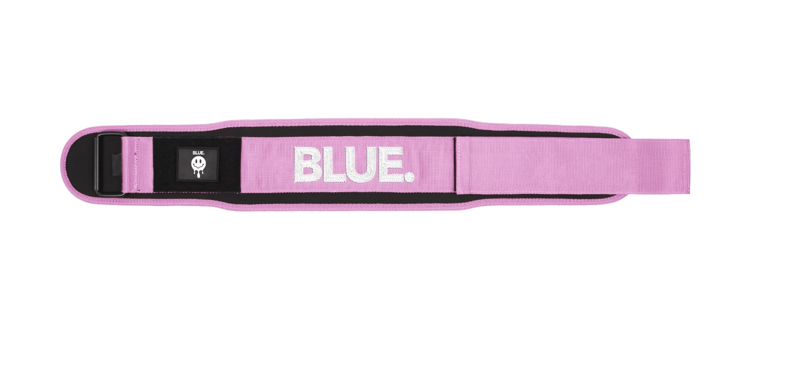 Pink Blue velcro weightlifting belt with black buckle and white logo